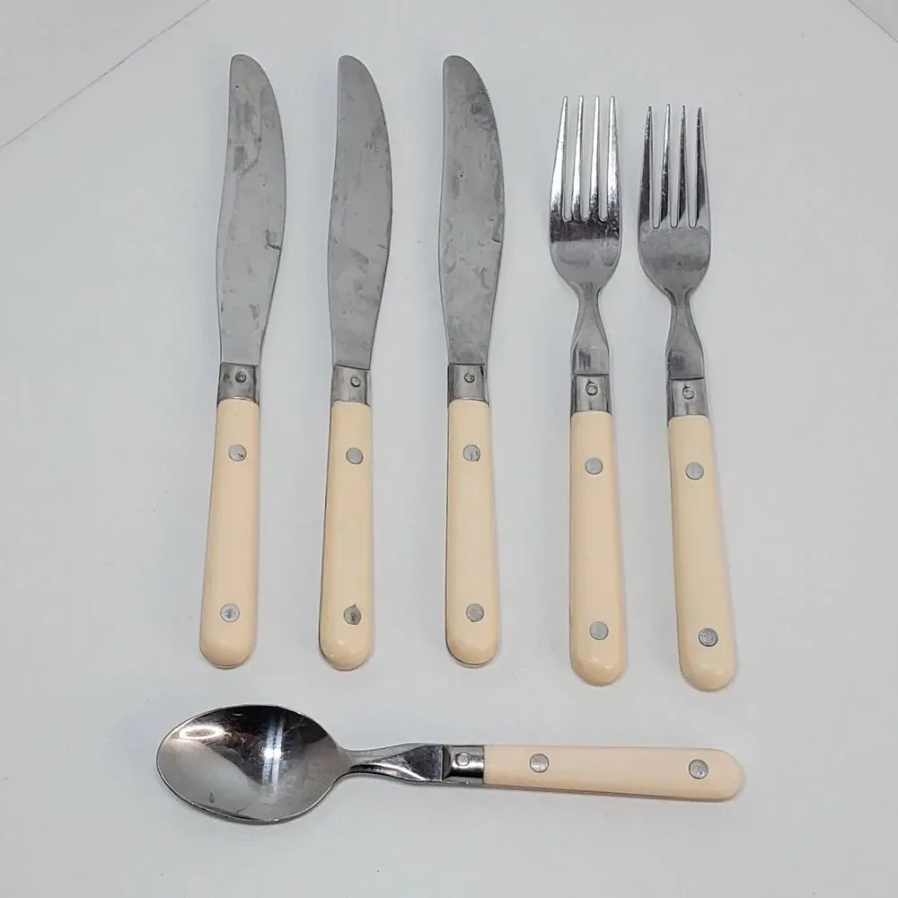 Vintage Wesley Forge Stainless Steel Silverware 6pc Peach Mardi Gras Style Camp